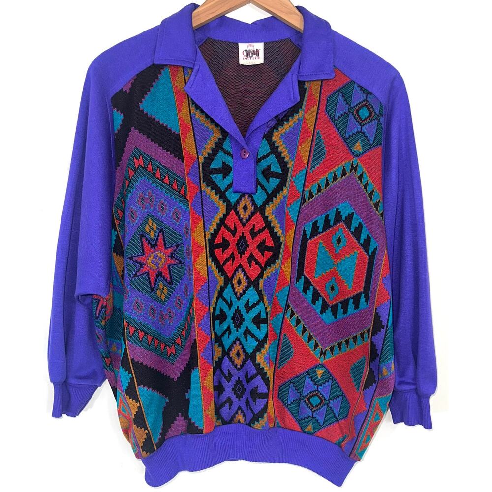 Vintage 90s Graff Petite Southwest Aztec Collared Pullover Sweatshirt Size Large